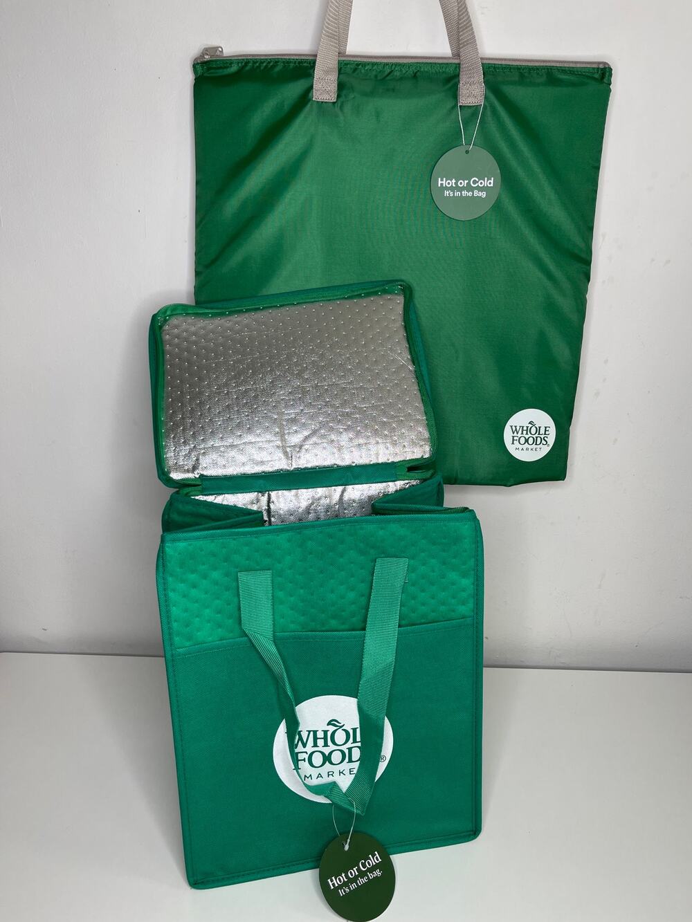 Set of 2! Whole Foods Hot Cold Insulated Cooler Tote Bags, Green Gray White Logo - Picture 1 of 14